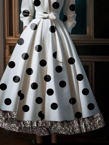 Polka Dot Lace Patchwork Belt Pocket Midi Dress