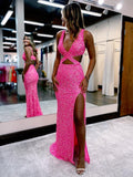 Vestido de fiesta de sirena con escote en V y lentejuelas con abertura