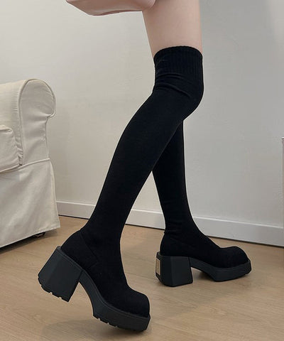 Nuevas botas hasta la rodilla de tacón grueso con empalme elegante de tejido de punto gris 