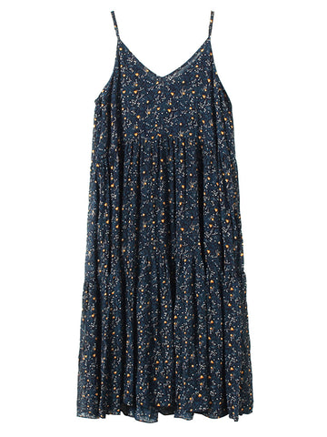 Women Vintage Floral Pleat V-Neck Loose Vest Dress