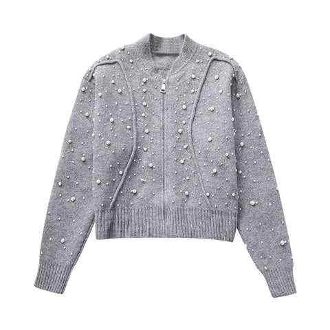 Herbst Damen Kleidung Rundhals Langarm Einreihiger Kunstperlenpullover 