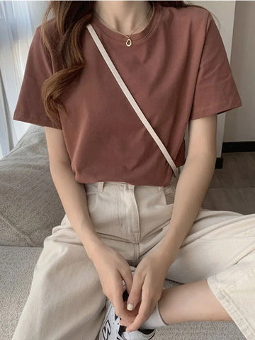 Women's T-Shirt Korean Loose O-Neck Basic Tops Female Spring White Black Tee Shirts