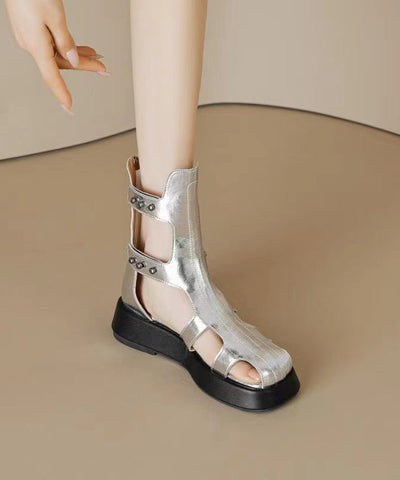 Sandalias de plataforma ahuecadas de moda, botas de cuero de vaca negro 