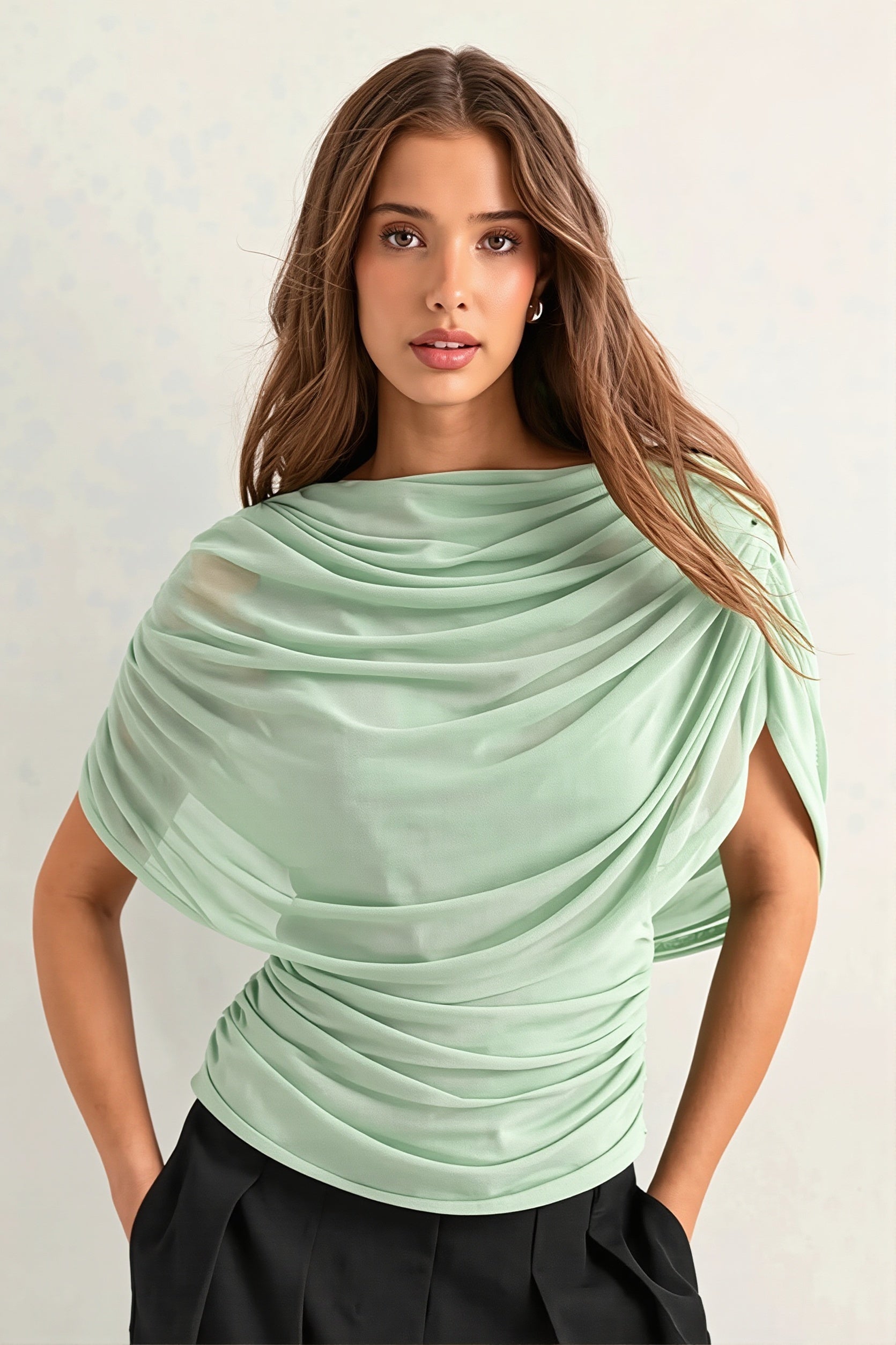 Solid Sheer Ruffle Scarf Neck Blouse