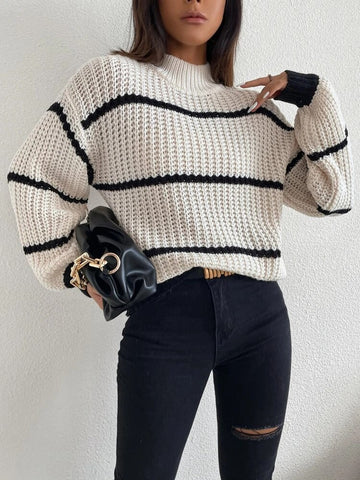 Suéter de punto a rayas con cuello redondo elegante y mangas farol para mujer, ropa de otoño e invierno 