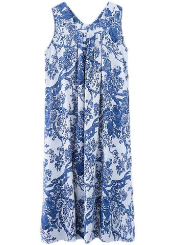 DIY Blue Loose Print V Neck Summer Vacation Dress Sleeveless
