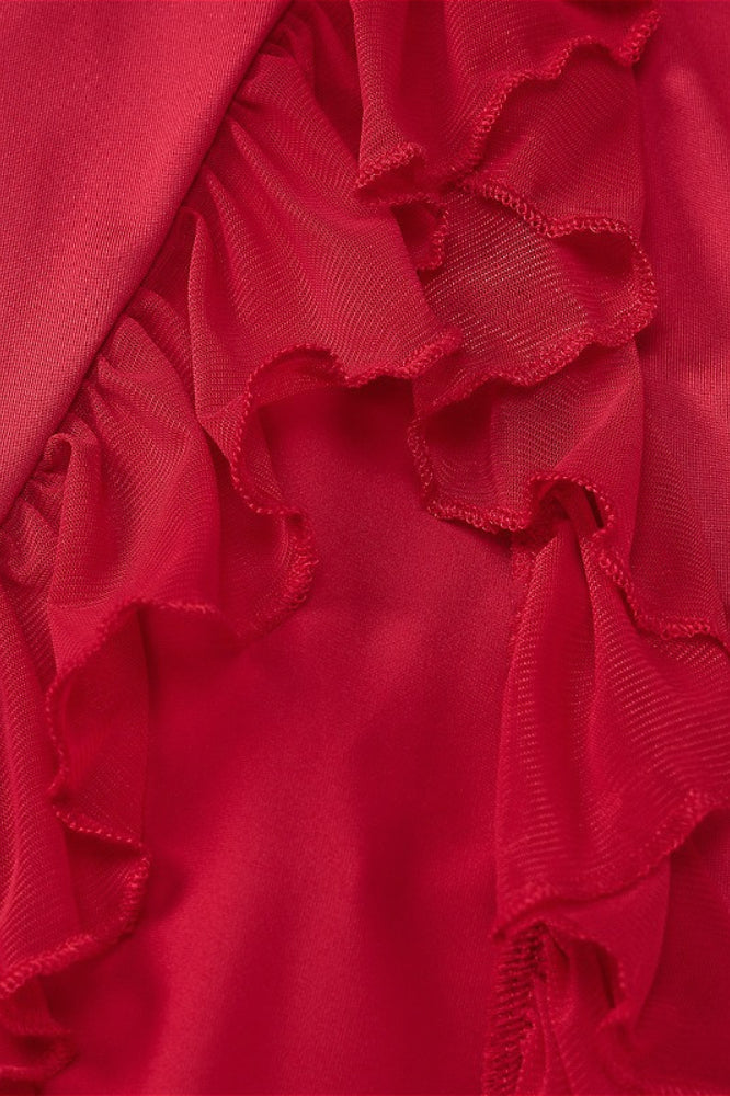Ribbon Ruffle Splice Slit Maxi Dress