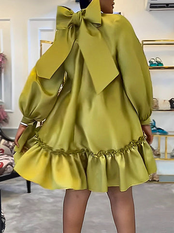 A-Line Long Sleeves Bowknot Pleated Rhine Stones Ruffled Solid Color Mock Neck Mini Dresses