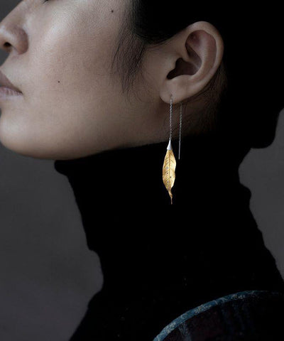 Simple Gold Sterling Silver Overgild Leaf Drop Earrings