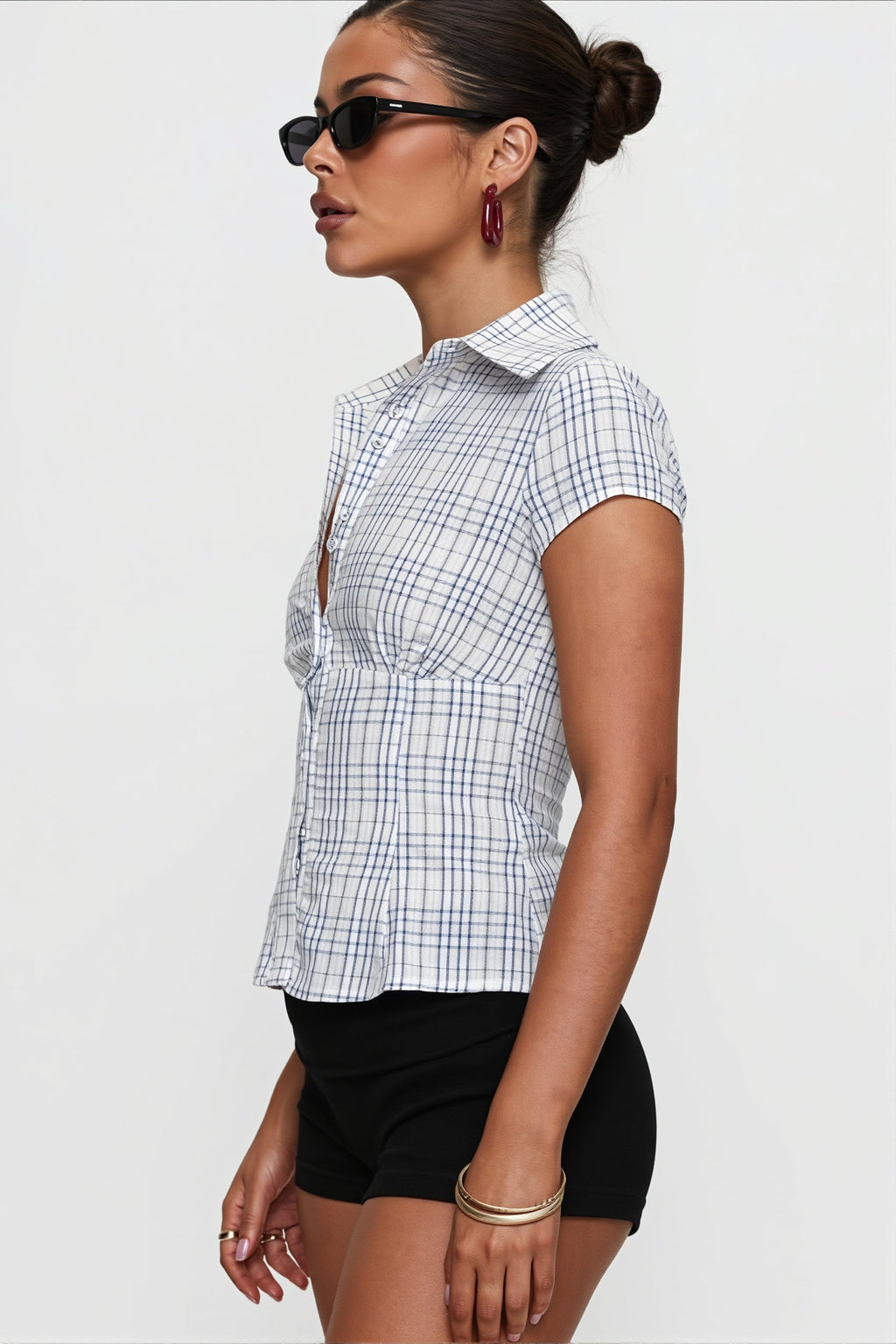 Polo Neck Pleated Cropped Slim Blouse