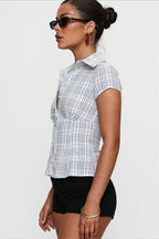 Polo Neck Pleated Cropped Slim Blouse