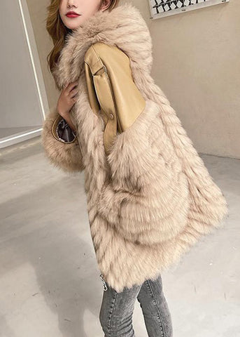 Französisch Khaki Kapuzentaschen Patchwork Leder und Pelz Mäntel Winter 