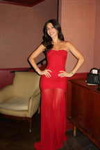 Mesh Patchwork Strapless Shirred Backless Bodycon Maxi Dress
