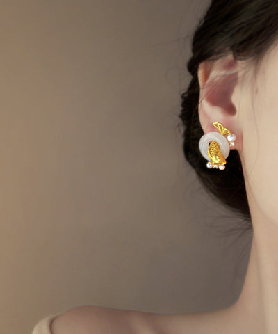 Stylish Gold Sterling Silver Overgild Jade Pearl Brocaded Carp Hoop Earrings