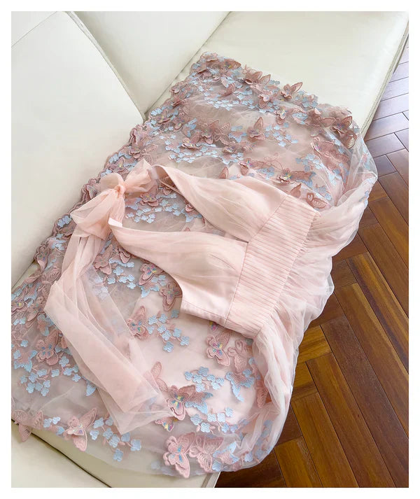 3D-Blumenspitzenrock, Tülloberteil, V-Ausschnitt, wadenlanges Ballkleid