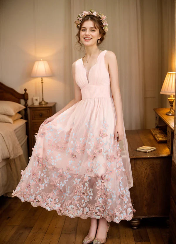 Vestido de fiesta largo hasta la rodilla con escote en V y falda de encaje floral 3D con corpiño de tul
