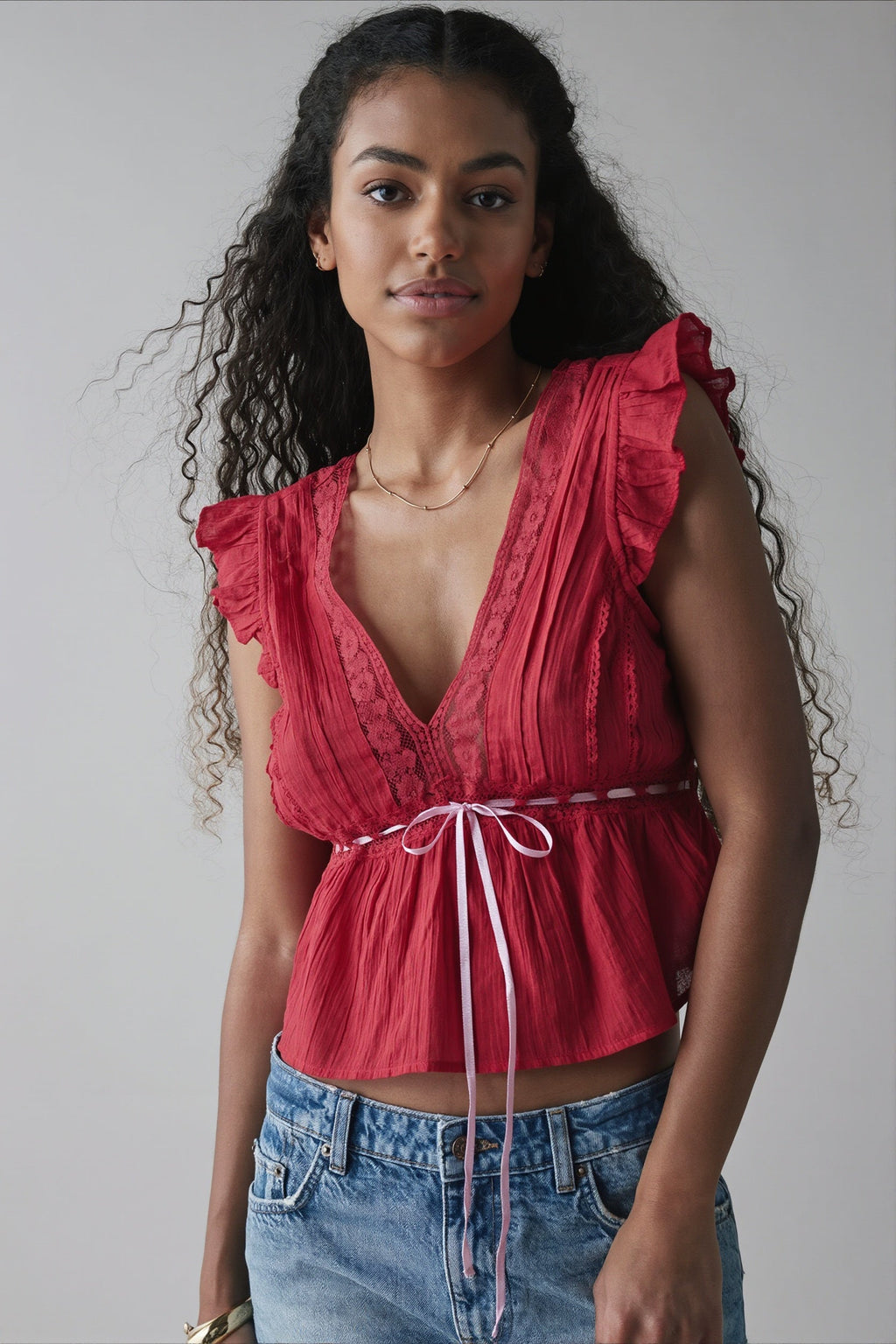 Bow Tie Lace Relaxed Ruffle Blouse