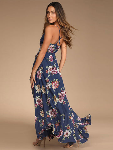Vestido largo informal sin mangas con cuello en V y estampado floral 