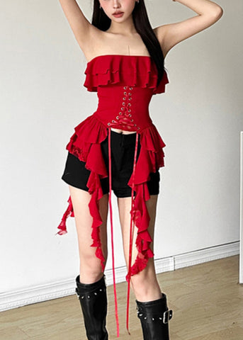 Blusa de algodón con cuello oblicuo rojo único, sin mangas y con cordones 