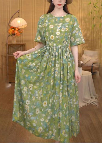 Frauen Gras Grün Cinched Floral Print Baumwolle Knöchel Kleid Sommer 