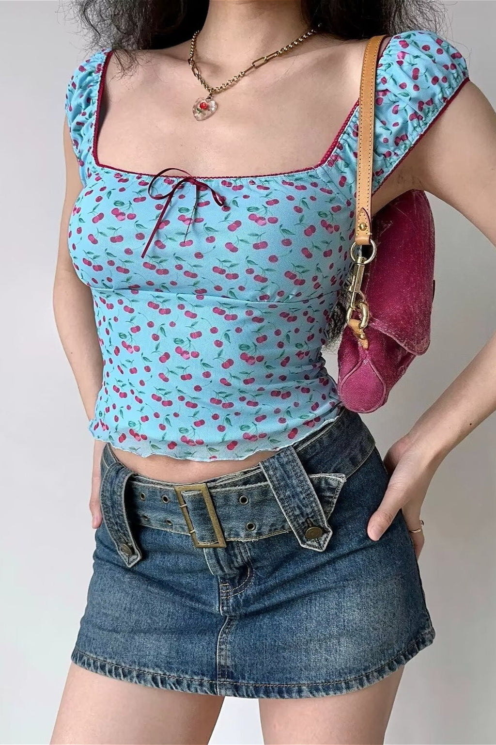 Sweet Bow Cherry Puff Sleeve Blouse