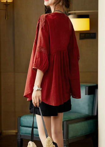 Camisas de talla grande con cuello redondo y diseño de patchwork y arrugadas de morera con mangas de pulsera 