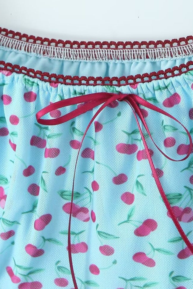Sweet Bow Cherry Puff Sleeve Blouse