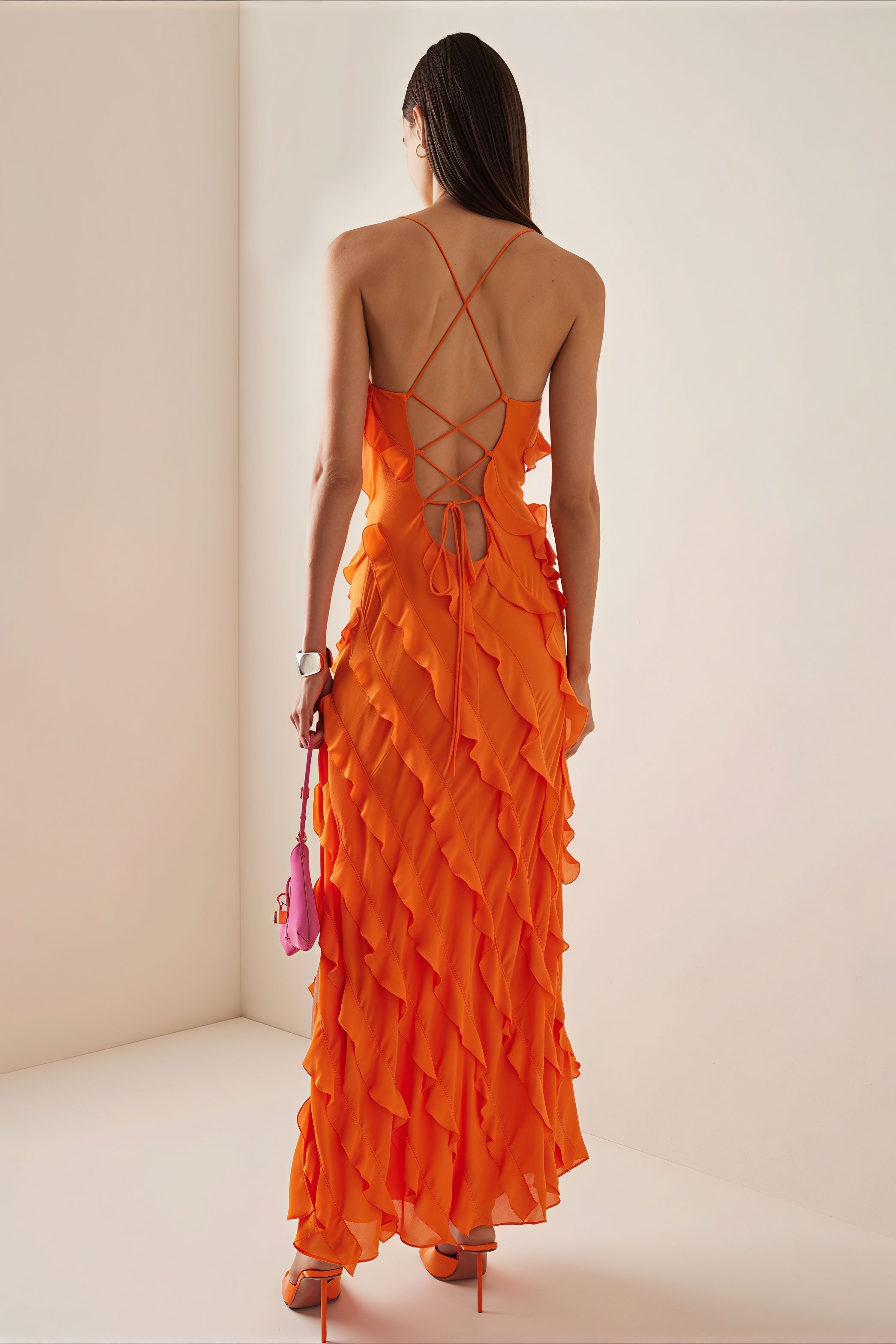 Backless Tie Ruffle Slit Cami Maxi Dress
