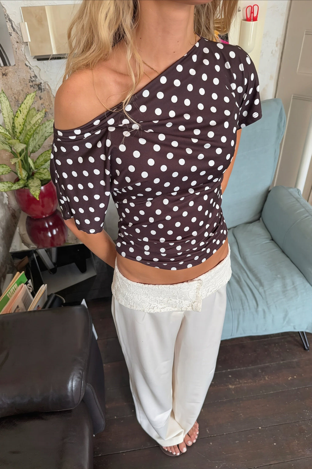 Sexy Polka Dot Asymmetric Hem Relaxed Loose Blouse