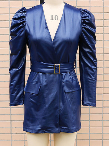 Mini Dresses Burgundy Long Sleeves Sash PU Leather Short Dress