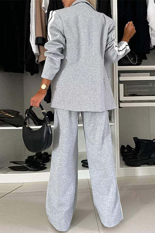 Patchwork-Blazer mit Revers und Taschen, elastische Taille, Hose mit weitem Bein, Freizeit-Set 