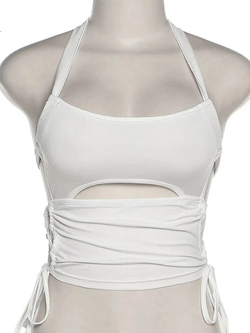 Top corto sexy de verano Y2K con espalda descubierta para mujer, con agujeros, blanco, sin mangas, estilo vendaje, estilo halter, ropa de calle, camisola de los años 90 