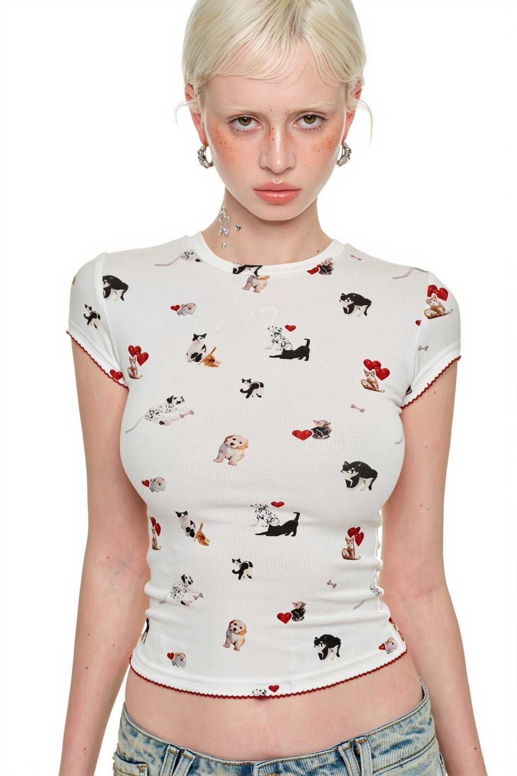 Cat Dog Print Stretchy Slim T-shirt
