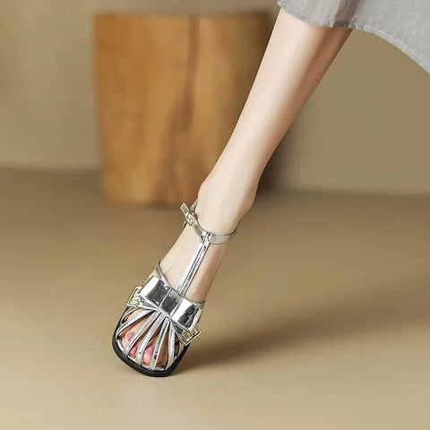French genuine leather toe sandals silver hollow thick heels women's shoes for external wear bow T-shaped buckle Roman shoes