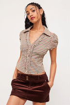 Plaid Ruffled Tie Lapel Slim Blouse