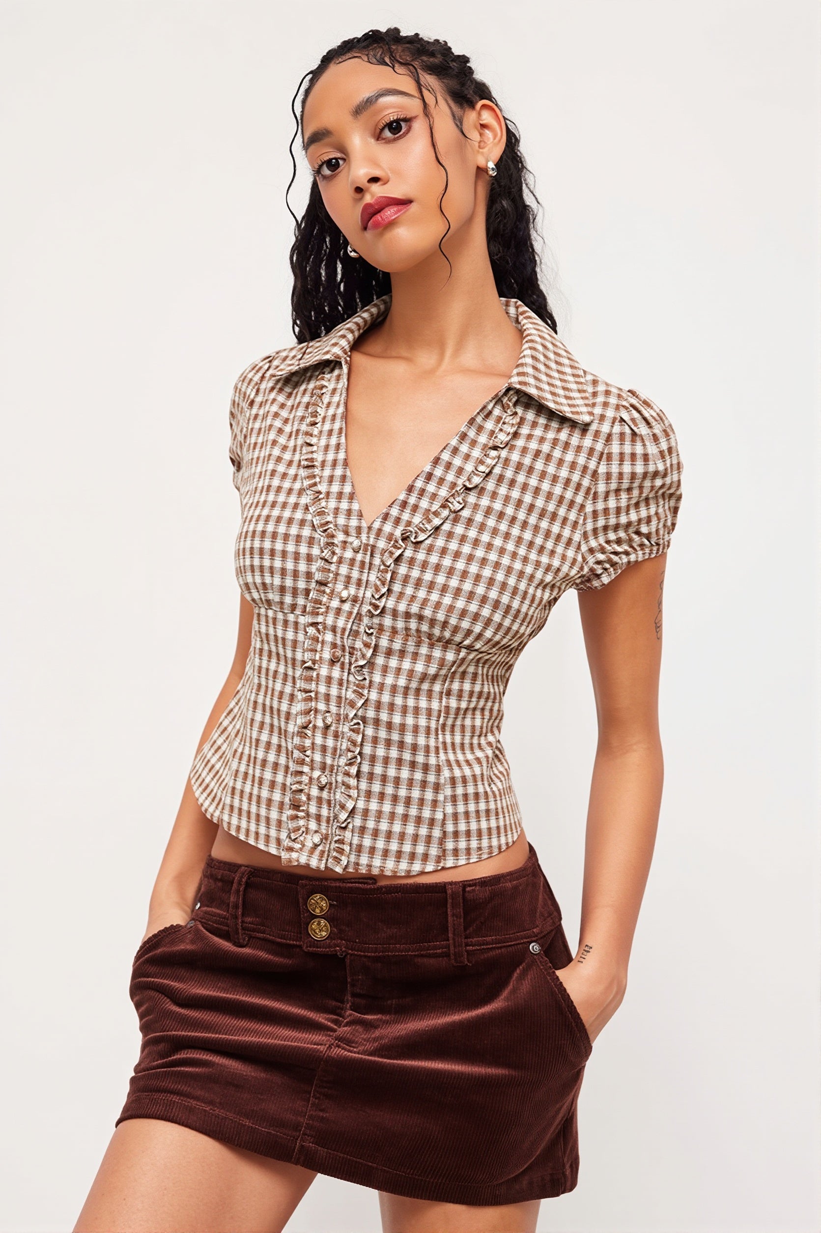 Plaid Ruffled Tie Lapel Slim Blouse