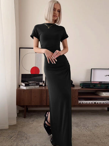 Women's Elegant O Neck Maxi Dress Short Sleeve Slim High Waist Dress Sexy Side Slit Evening Club Bodycon Dress Lady