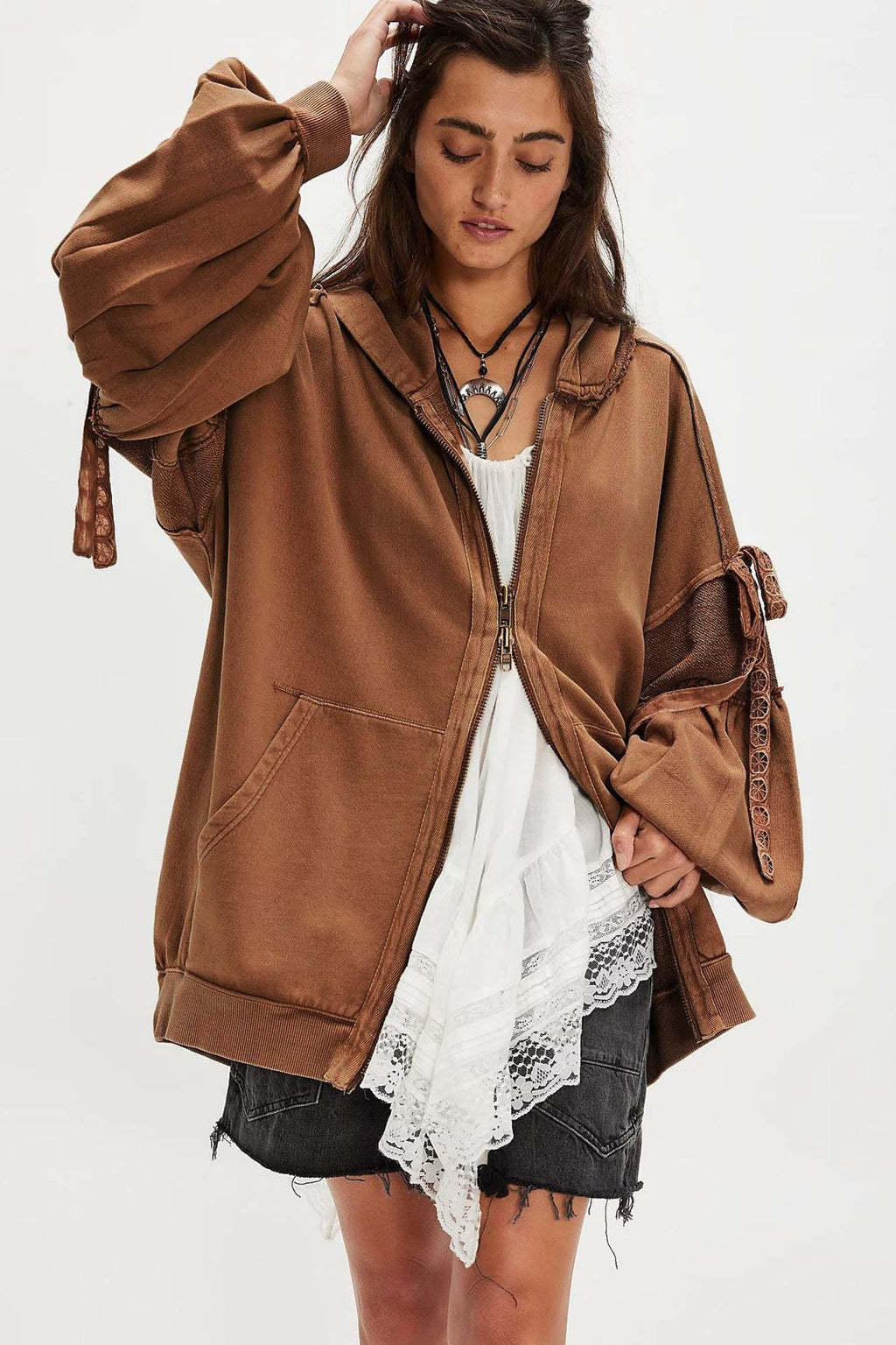Oversized Lace Up Sleeve Zip Hoodie