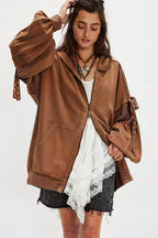 Oversized Lace Up Sleeve Zip Hoodie