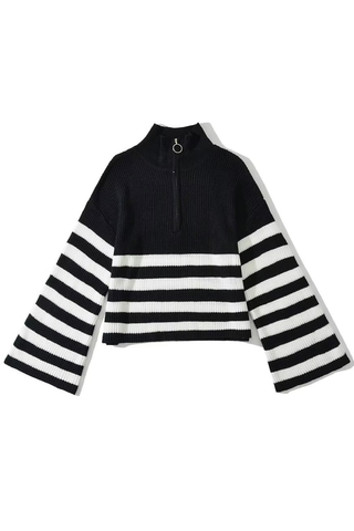 Turtleneck Zipper Striped Cardigan Sweater