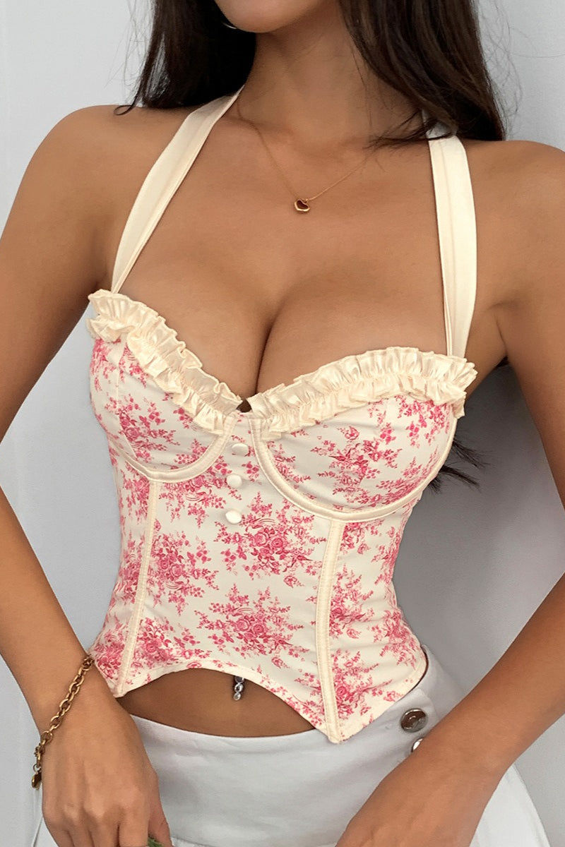 Printed Ruffle Low Cut Backless Boned Underwire Halter Top