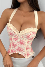 Printed Ruffle Low Cut Backless Boned Underwire Halter Top