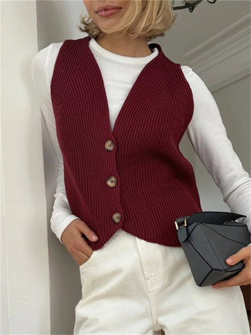 Camiseta sin mangas informal de punto con cuello en V para mujer, nueva camiseta abotonada, sin mangas, ajustada, para salir a la playa y vacaciones, 2024 