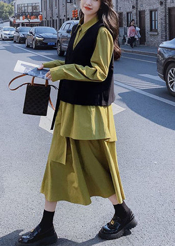 Conjunto de dos piezas de chaleco negro y vestido largo verde con patchwork francés y manga larga 