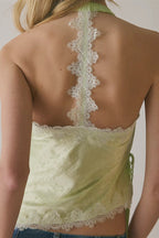 Sexy Jacquard Lace Tie Cropped Halter Top
