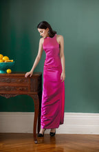 Neckholder-Abendkleid aus seidigem Satin mit Schleifenmuster am Rücken und Schleife, in verschiedenen Farben erhältlich