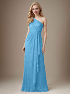 Rubinrotes Etuikleid mit One-Shoulder-Schulter und Metallic-Mesh-Optik, Brautmutterkleid