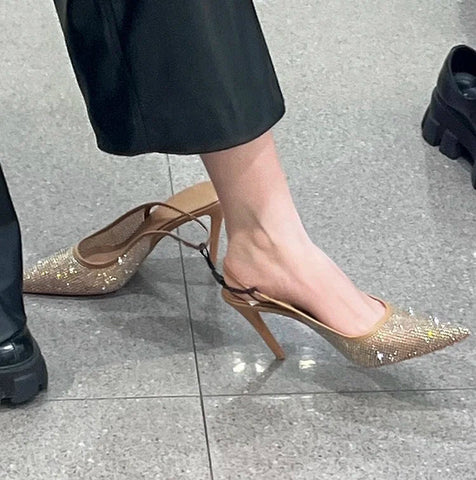 Sandalias de tacón alto con punta de diamante para mujer, con abertura en la espalda, versátiles y elegantes. 