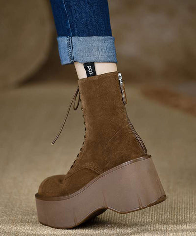 Nuevas botas de cuña de ante marrón con cordones y empalme único 
