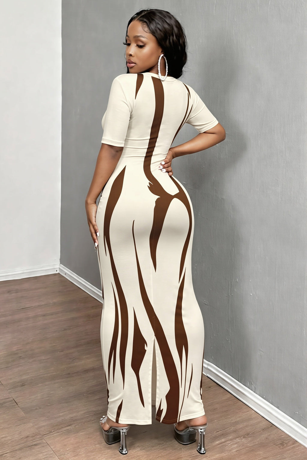 Elegant Daily Commute Printed Short Sleeve V Neck Slim Maxi Dress